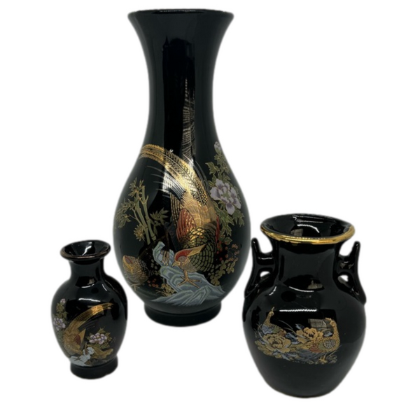 Source Unknown Other - Vintage Japanese Set of 3 Black & Gold Assorted Vases with Golden Pheasant